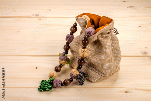 Crochet necklace handmade crochet acorns and leaves in jute bag