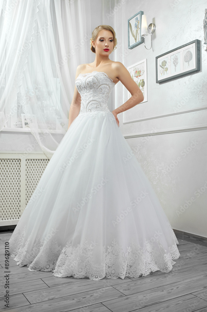 Young beautiful bride, woman in long white wedding dress on whit Young beautiful bride, woman in long white wedding dress on whit