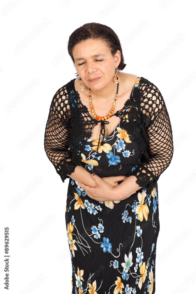 Beautiful woman doing different expressions in different sets of clothes: stomachache Beautiful woman doing different expressions in different sets of clothes: stomachache