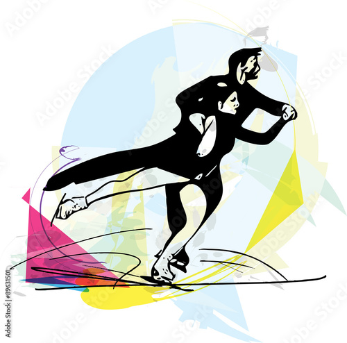 couple ice skaters skating at colorful sports arena
