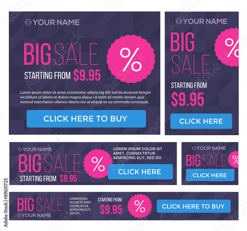 Big, half price and one day sale banners. Vector.