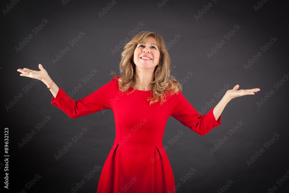 Beautiful woman doing different expressions in different sets of clothes: joy Beautiful woman doing different expressions in different sets of clothes: joy