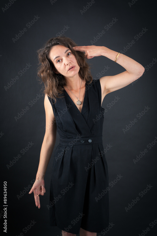 Beautiful woman doing different expressions in different sets of clothes: suicide
