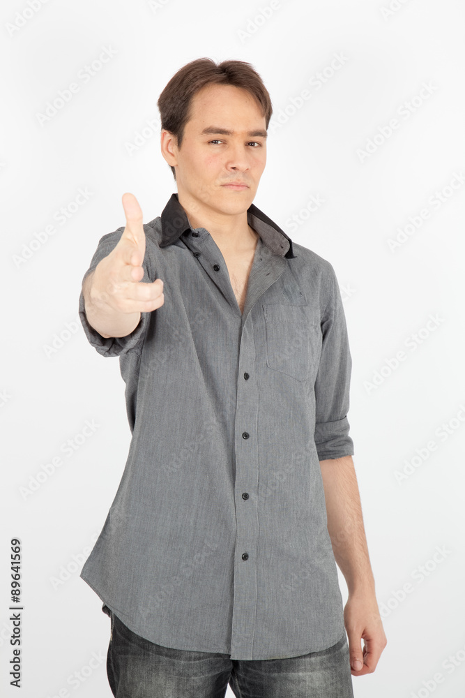 handsome man doing different expressions in different sets of clothes: gun sign handsome man doing different expressions in different sets of clothes: gun sign