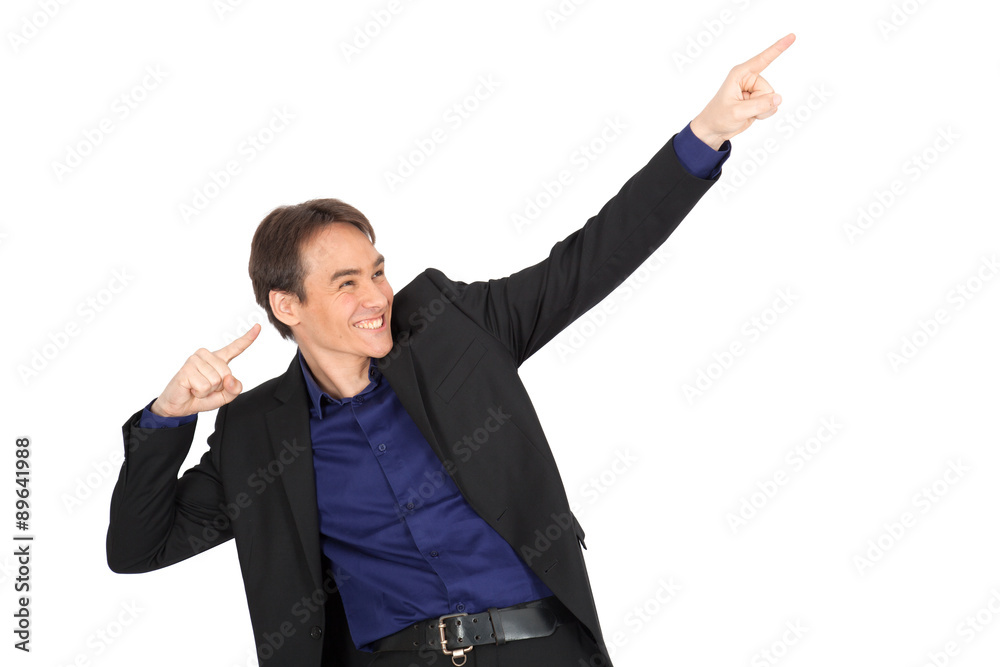 handsome man doing different expressions in different sets of clothes: arms raised handsome man doing different expressions in different sets of clothes: arms raised