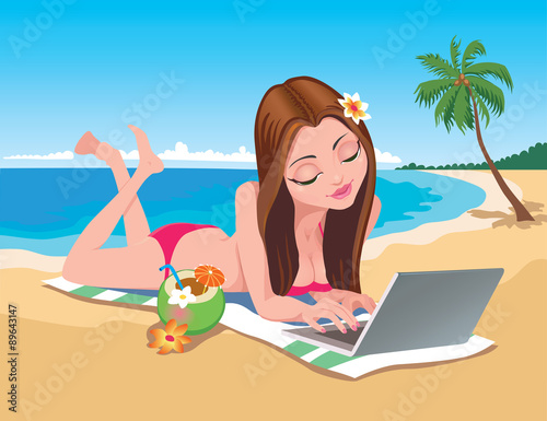 Vector illustration of a girl lying on the beach working at the computer, with a cocktail on the background of the sea
