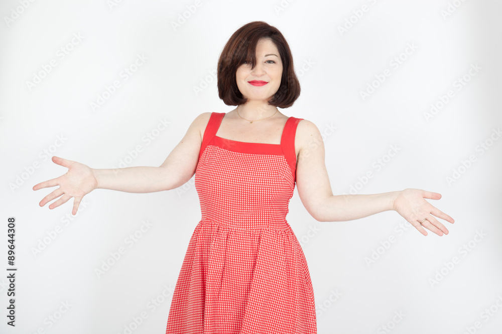 Beautiful woman doing different expressions in different sets of clothes: welcome Beautiful woman doing different expressions in different sets of clothes: welcome