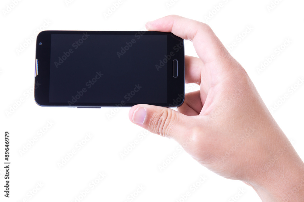 male hand holding mobile smart phone with blank screen isolated male hand holding mobile smart phone with blank screen isolated