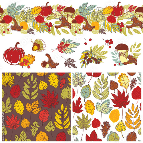 Hand painted backgrounds autumn and still lifes. Two seamless pattern with leaves, seamless border and miniatures for the design.