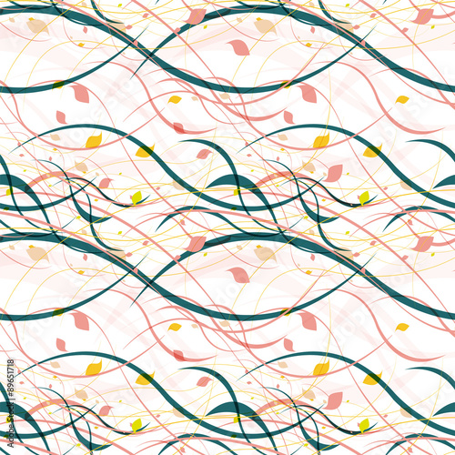 Floral seamless pattern. Abstract waves with leaves, eco nature