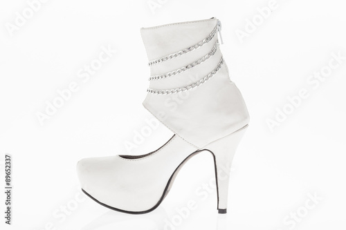 shoes heeled leather white with chains bright, style boots for women on white background
