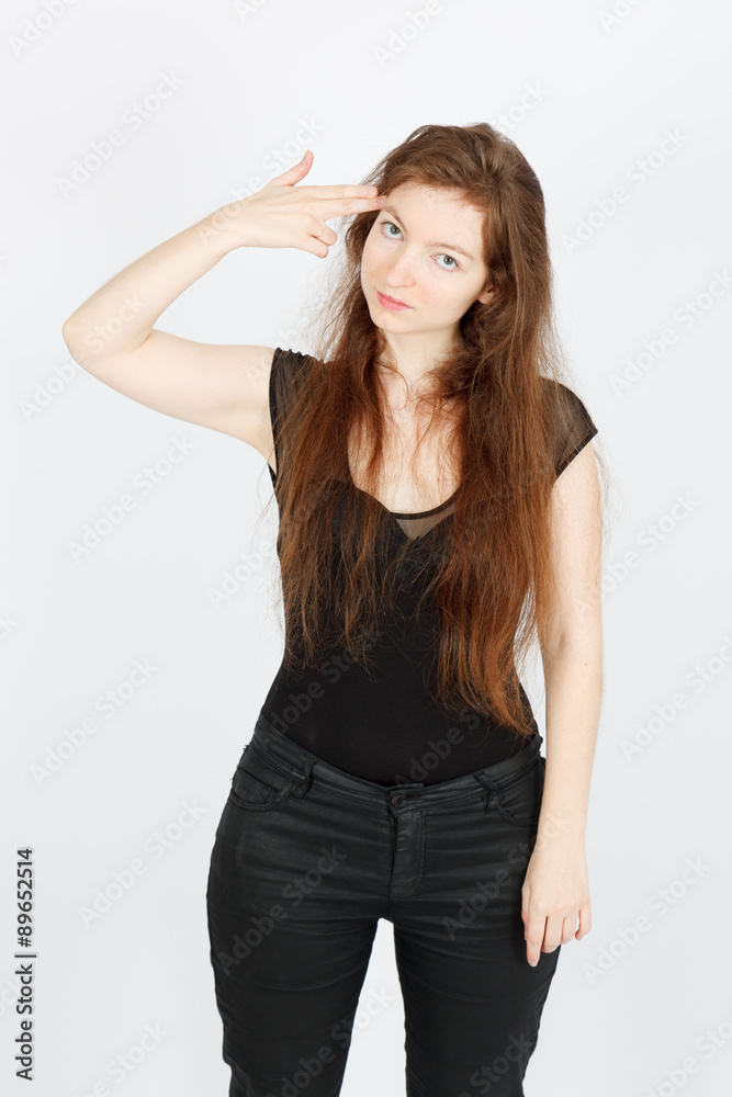 Beautiful businesswoman doing different expressions in different sets of clothes: committing suicide Beautiful businesswoman doing different expressions in different sets of clothes: committing suicide
