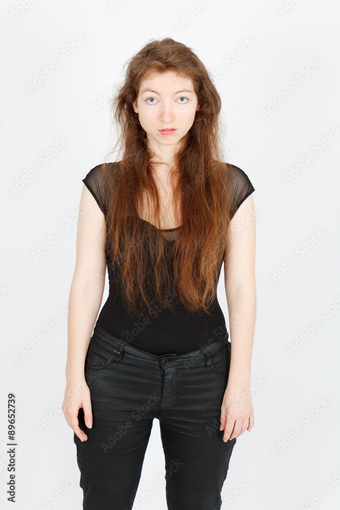 Beautiful businesswoman doing different expressions in different sets of clothes: bad surprise Beautiful businesswoman doing different expressions in different sets of clothes: bad surprise