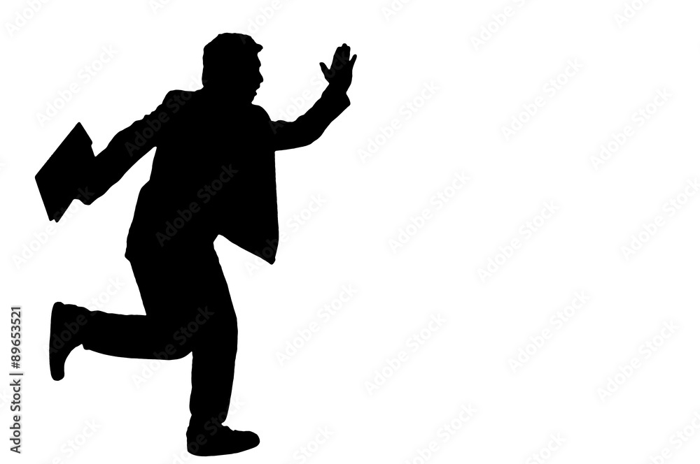Asian business man hold briefcase and running, silhouette in stu