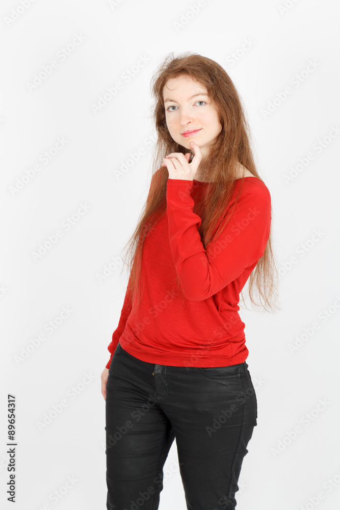 Beautiful businesswoman doing different expressions in different sets of clothes: surprise Beautiful businesswoman doing different expressions in different sets of clothes: surprise