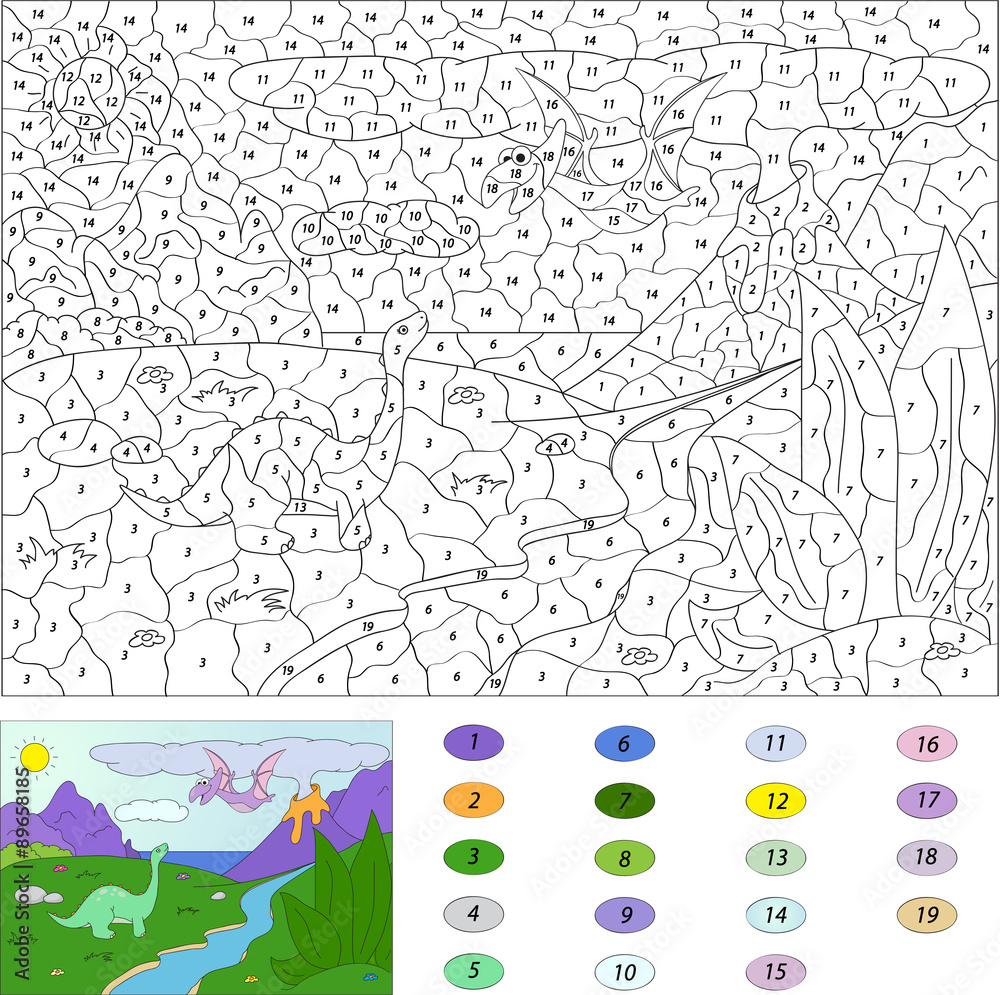 Obraz premium Color by number educational game for kids. Dinosaurs pterodactyl