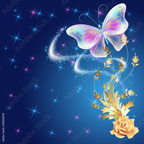 Fototapeta Transparent butterfly with golden ornament and glowing firework