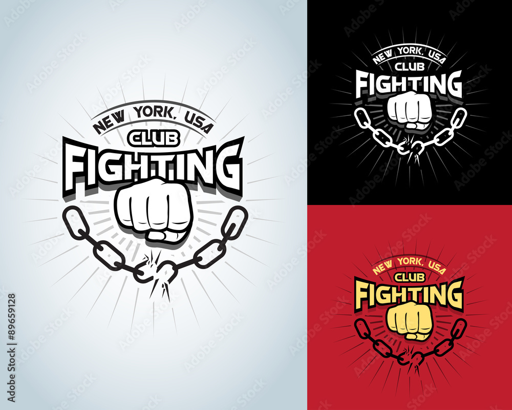 Obraz premium Fighting t shirt design, logotype, boxing monochrome vector label , badge , logo for hipster flyer, poster or t-shirt print with fist, broken chain and text.