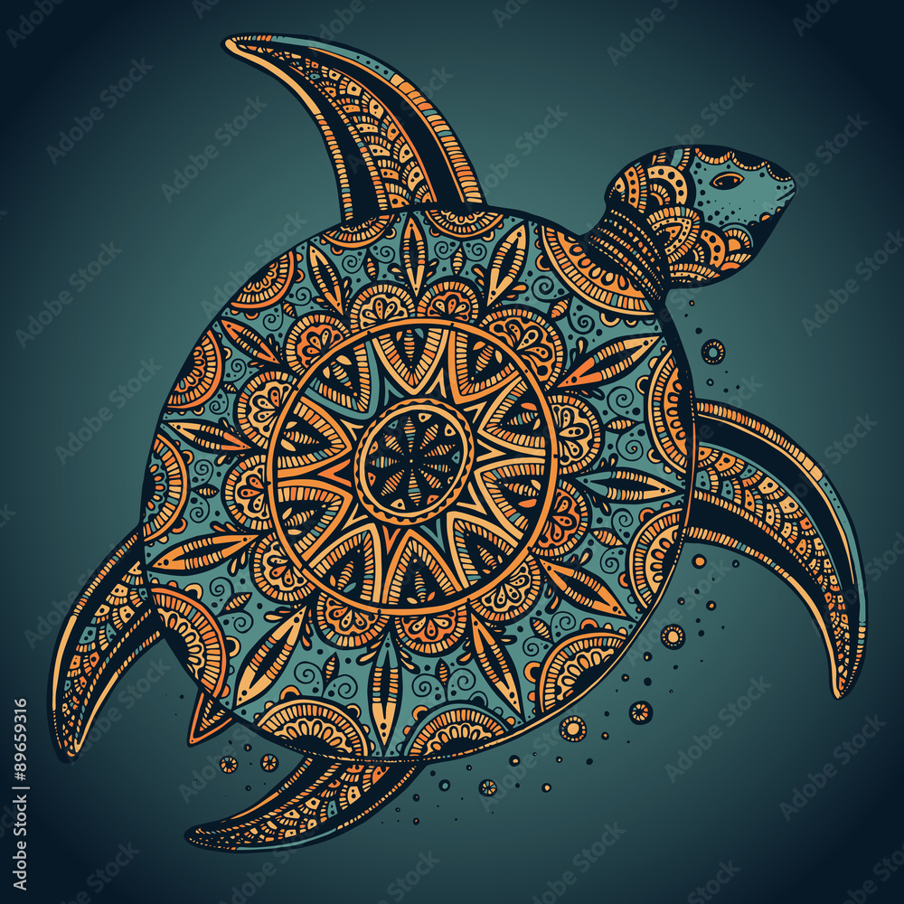 Naklejka premium Hand drawn vector colorful doodle turtle with oriental ornament.