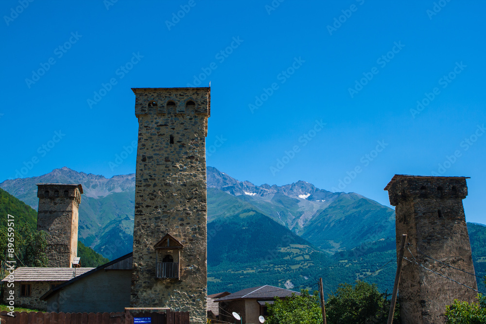 Fototapeta premium The old towers in Svanetia, Mestia, Georgia.