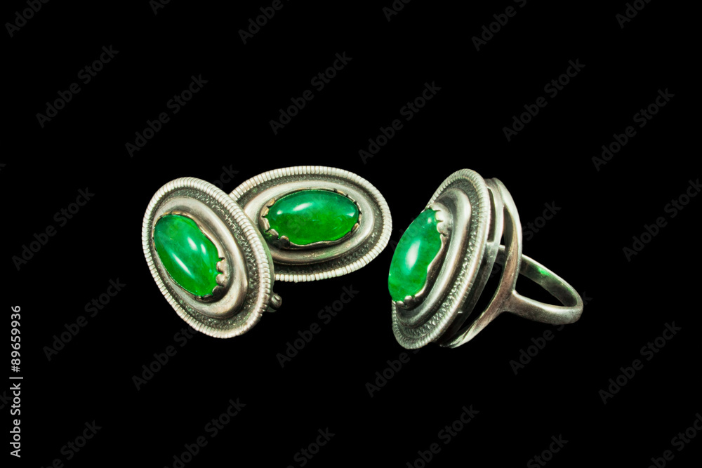 Antique silver ring and earrings with malachite Antique silver ring and earrings with malachite