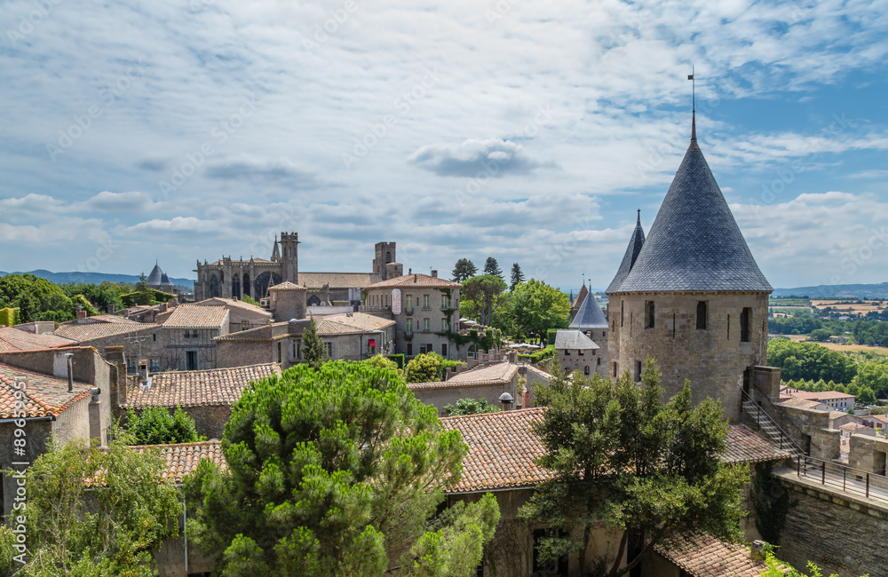 The tower of the fortress of Carcassonne, France. Fortress of Carcassonne is included in the UNESCO World Heritage List