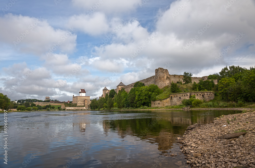 Two ancient fortress in Ivangorod, Russia and Narva, Estonia