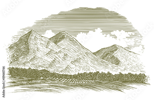 Woodcut Rural Mountain Scene