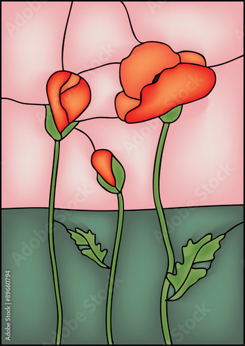Fototapeta Naklejka Na Ścianę i Meble -  Poppy. Vector illustration in Stained glass window