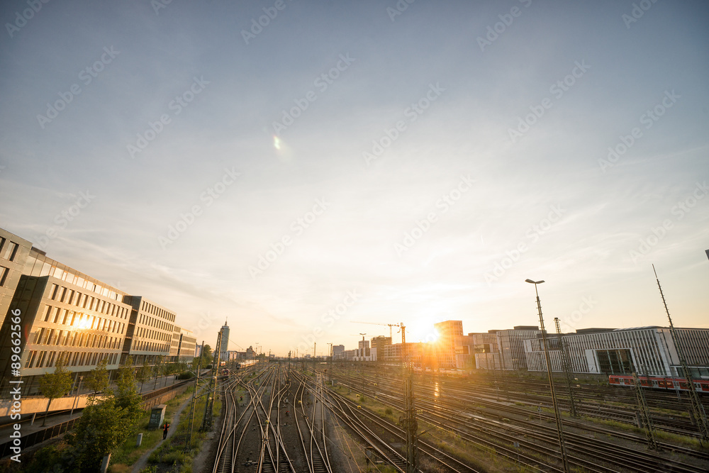 Railroad in Munich at sunset