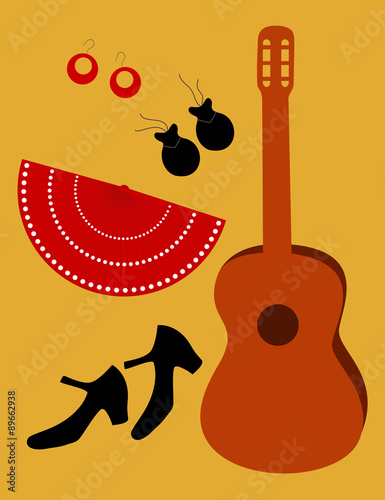 Flamenco accessories: shoes, fan guitar, ear-rings and castanets
