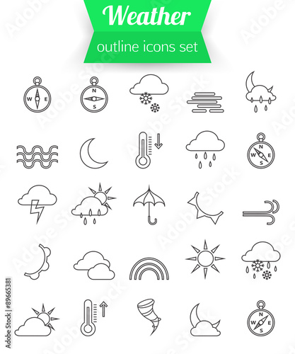 Set of outline weather icons. Sunshine, rain, wind, snow. 