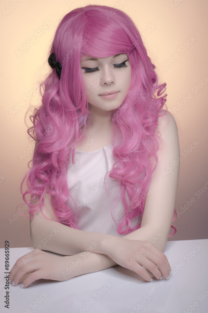 Girl with pink curly hair. Dolly-face woman white skin in pastel