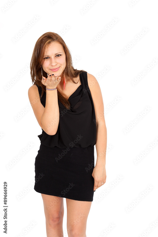 Fototapeta premium Beautiful woman doing different expressions in different sets of clothes: kiss