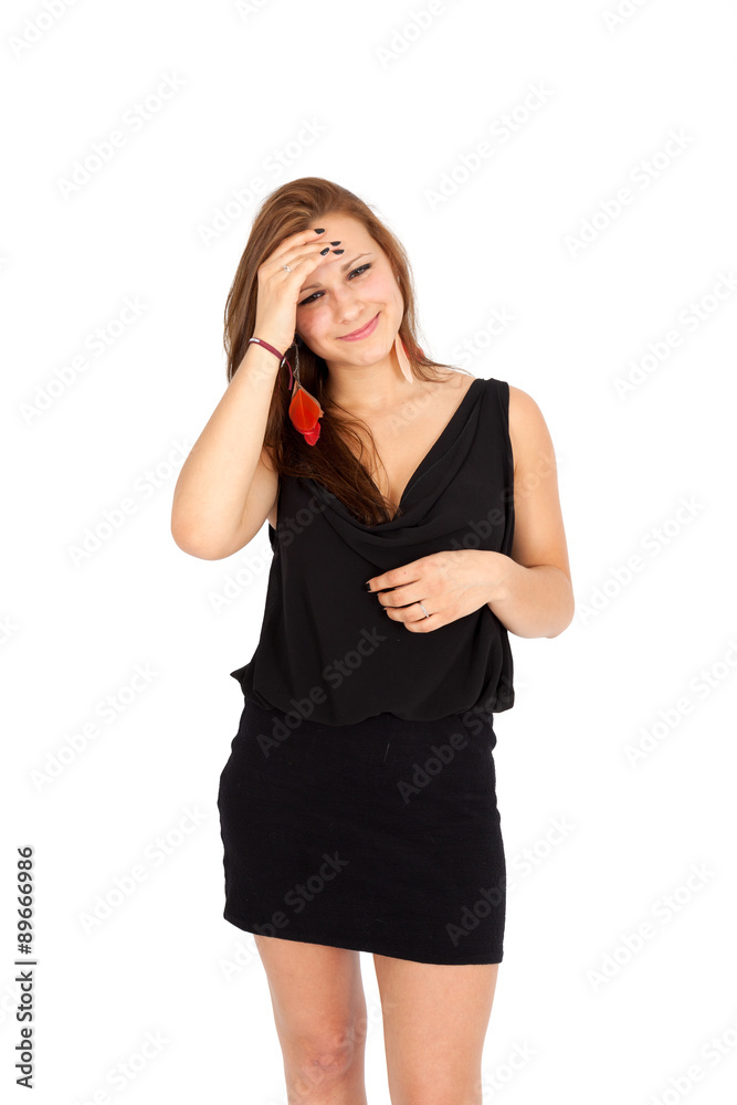 Fototapeta premium Beautiful woman doing different expressions in different sets of clothes: headache