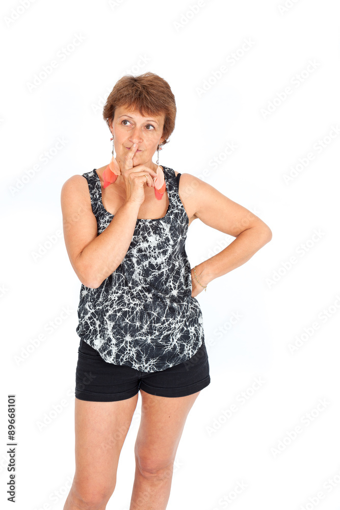 Beautiful woman doing different expressions in different sets of clothes: thinking