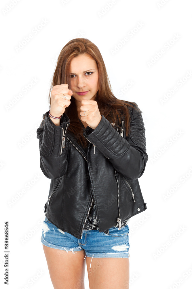 Fototapeta premium Beautiful woman doing different expressions in different sets of clothes: boxing