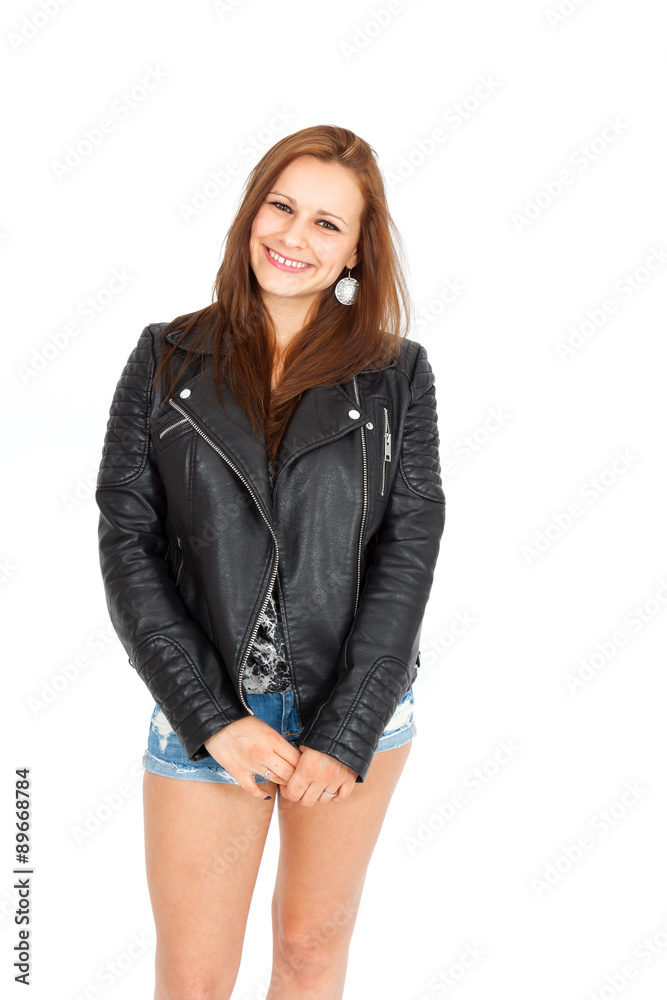 Beautiful woman doing different expressions in different sets of clothes: joy