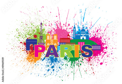 Paris Skyline Paint Splatter Text Colorful Vector Illustration