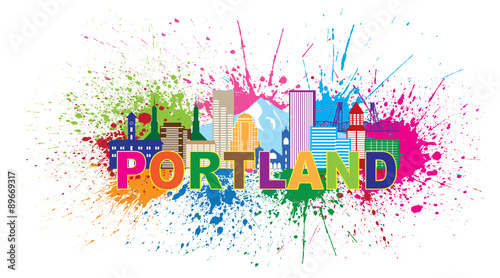 Foto Portland Oregon Skyline Paint Splatter Colorful Vector Illustration