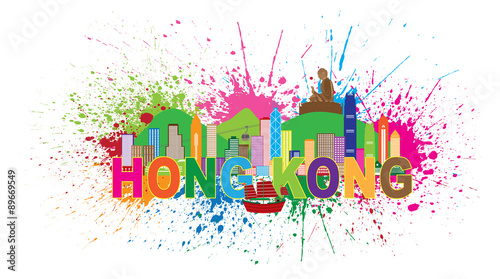 Hong Kong Skyline Buddha Statue Paint Splatter Colorful Vector Illustration
