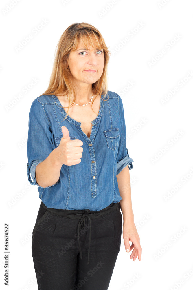 Beautiful businesswoman doing different expressions in different sets of clothes: thumbs up Beautiful businesswoman doing different expressions in different sets of clothes: thumbs up