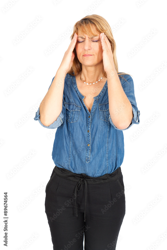 Beautiful businesswoman doing different expressions in different sets of clothes: headache Beautiful businesswoman doing different expressions in different sets of clothes: headache
