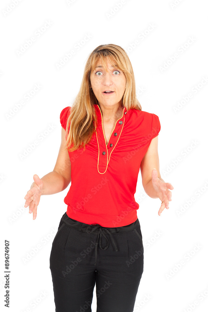 Beautiful businesswoman doing different expressions in different sets of clothes: good news Beautiful businesswoman doing different expressions in different sets of clothes: good news