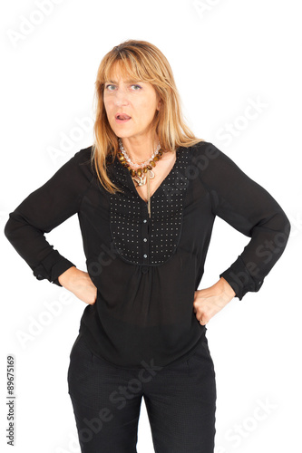 Beautiful businesswoman doing different expressions in different sets of clothes: worried