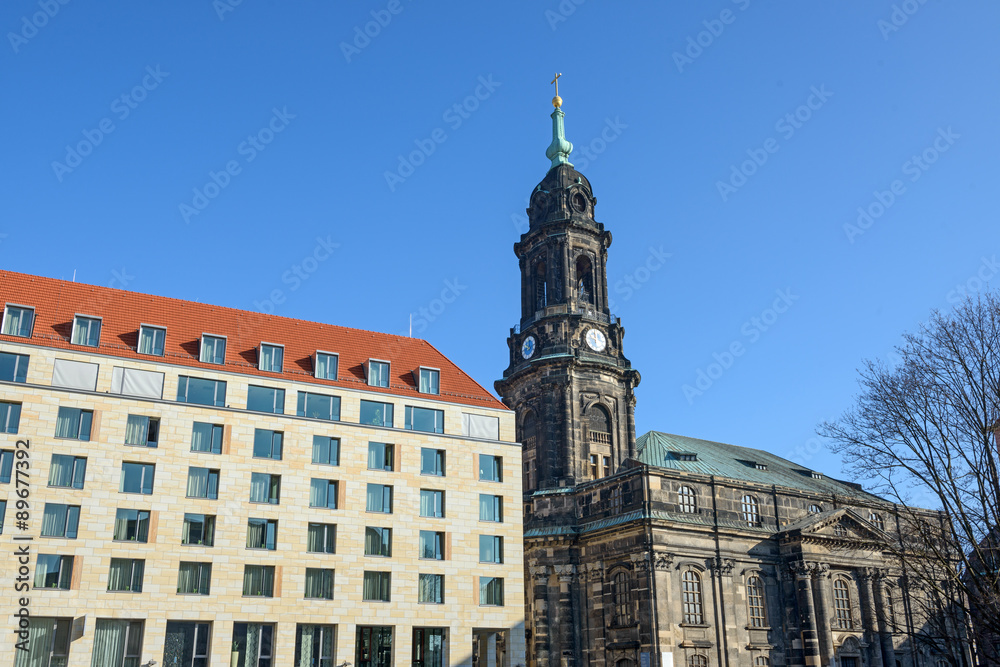 View towards Kramergasse with Kreuzkirche Church in Dresden, Sax