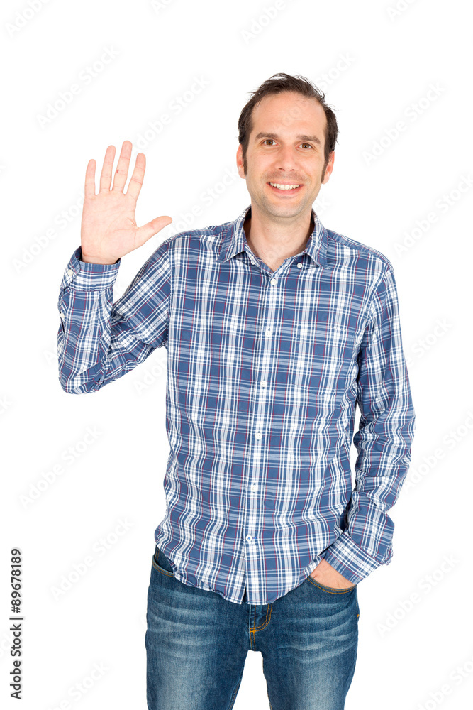Handsome man doing different expressions in different sets of clothes: waving Handsome man doing different expressions in different sets of clothes: waving