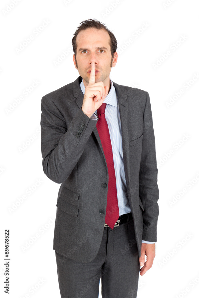 Handsome businessman doing different expressions in different sets of clothes: be quiet Handsome businessman doing different expressions in different sets of clothes: be quiet