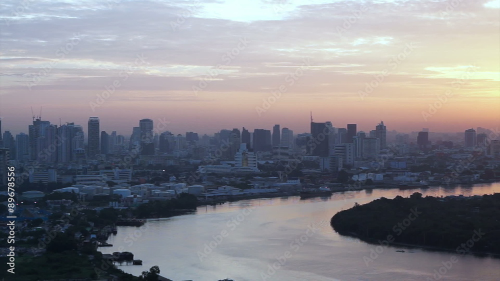 Bangkok, Thailand view from top at sunrise skyline over the main river curve Bangkok, Thailand view from top at sunrise skyline over the main river curve