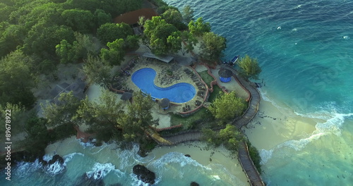 Aerial view Flying camera over Beach coast. Africa. Tanzania. Zanzibar. Travel tourism adventure in Resort camera bird eye view.